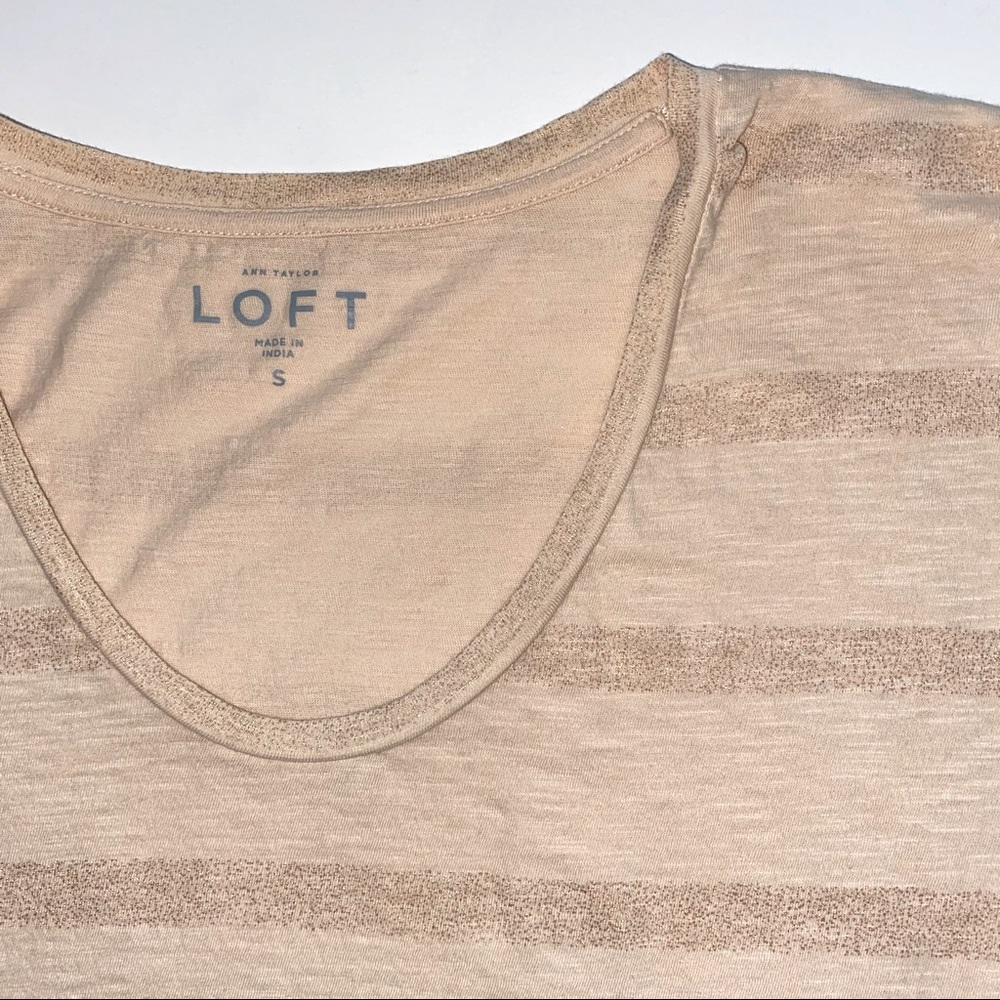 LOFT Tan Shimmer Striped 3/4 Sleeve T-Shirt